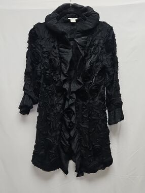 Grace Chuang Black 3D Rosette Floral Jacket Sheer Ruffle Duster S